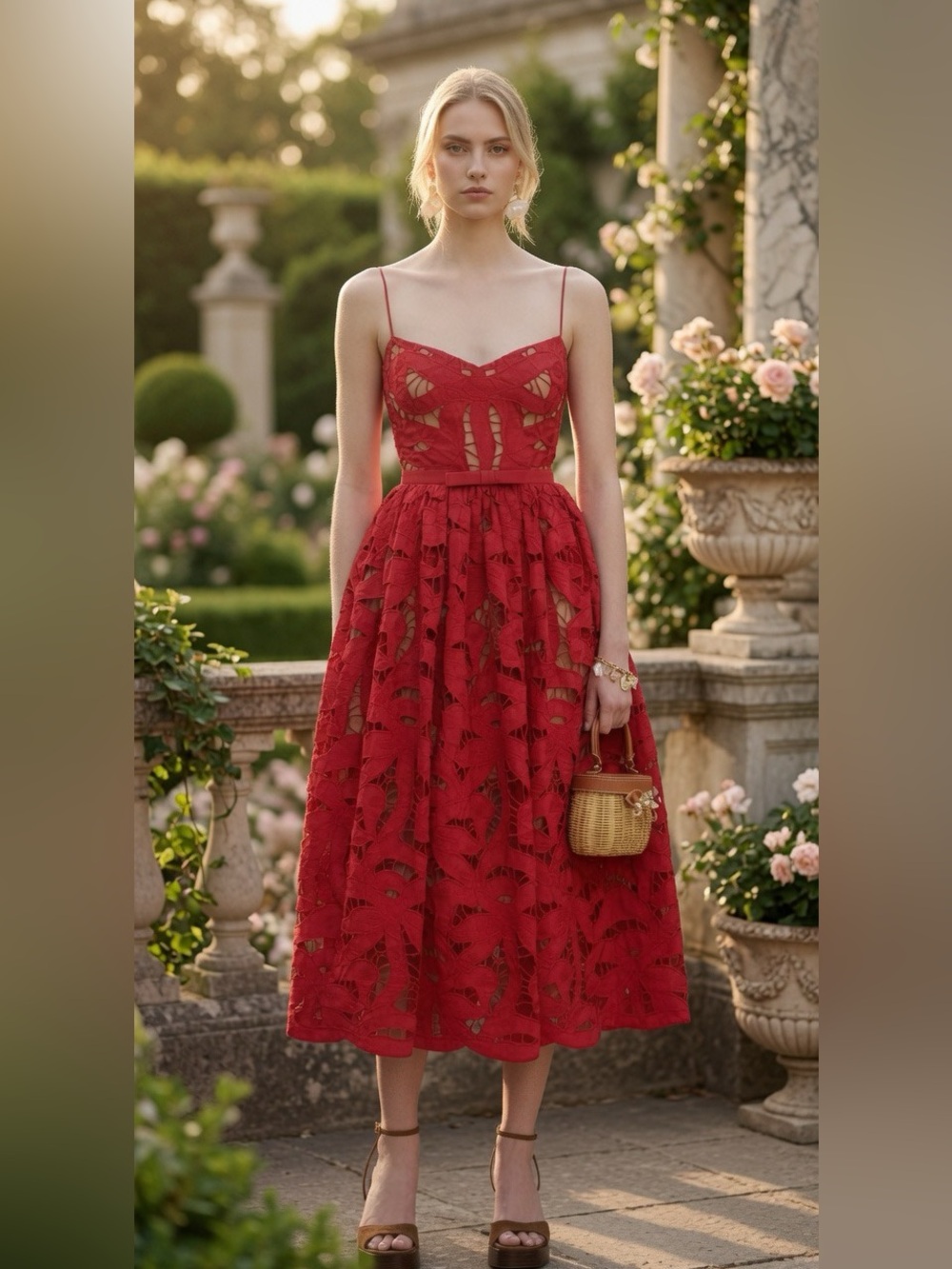 Self-Portrait Red Lace Midi Dress with Spaghetti Straps US 8